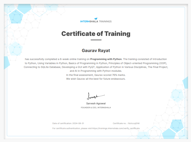 Internshala Python Certificate